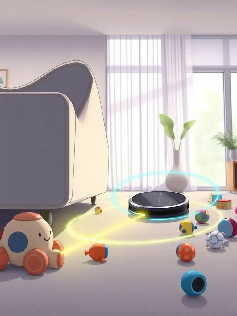An image highlighting the advanced AI navigation system of the iVacuumate SlimSweep, showcasing its ability to navigate under furniture and around obstacles with precision.