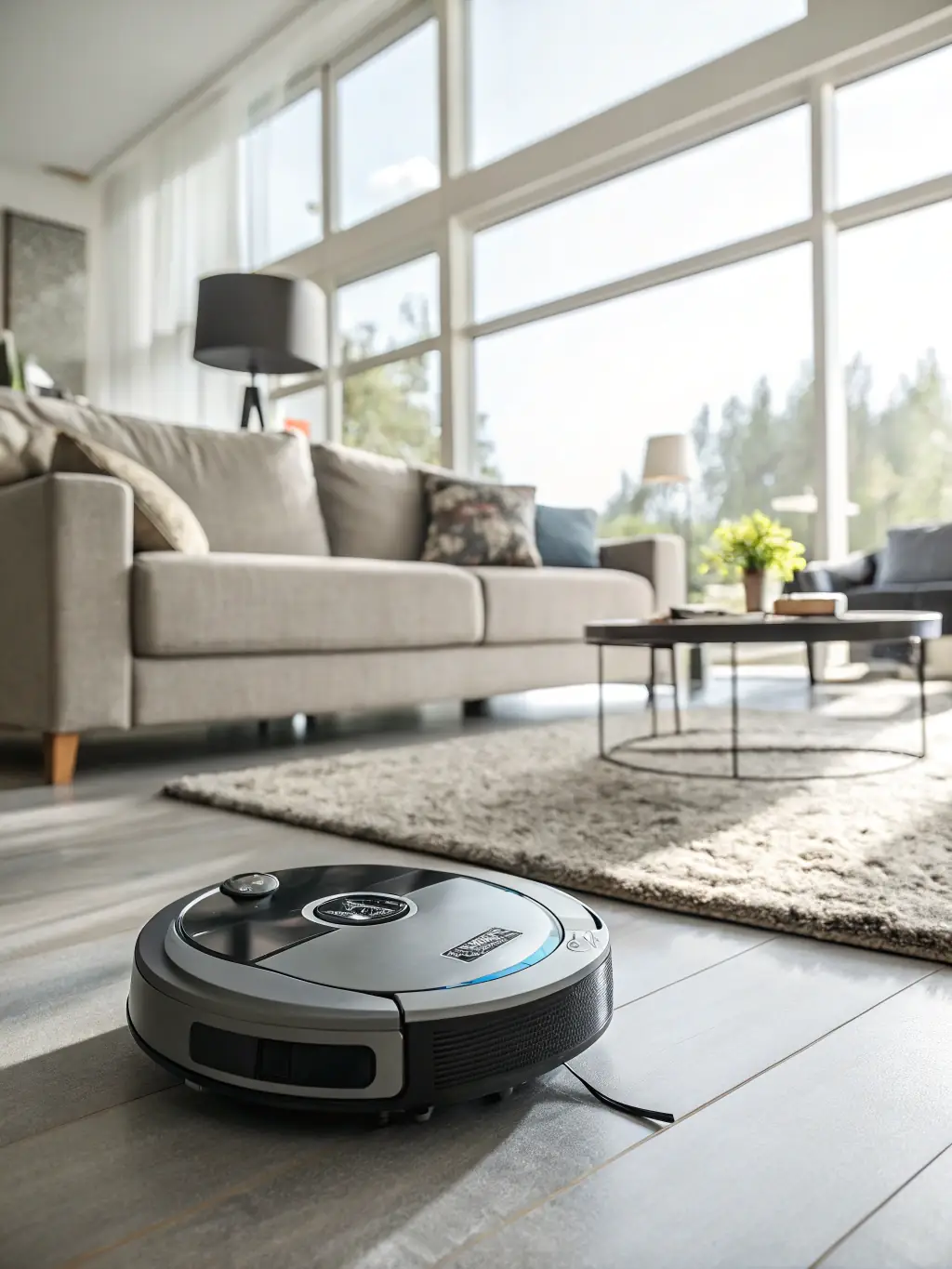 A high-resolution image showcasing the iVacuumate RoboX 3000 seamlessly integrating with a smart home setup, featuring voice command activation and a user-friendly mobile app interface.