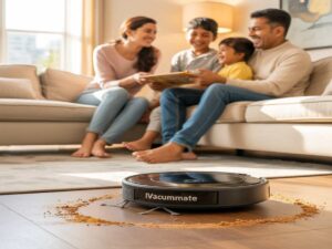 Indian family relaxing at home with a robotic vacuum cleaner in the background