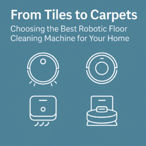 "Featured image showing different types of iVacuumate robotic floor cleaning machines with the blog title 'From Tiles to Carpets' on a blue background"