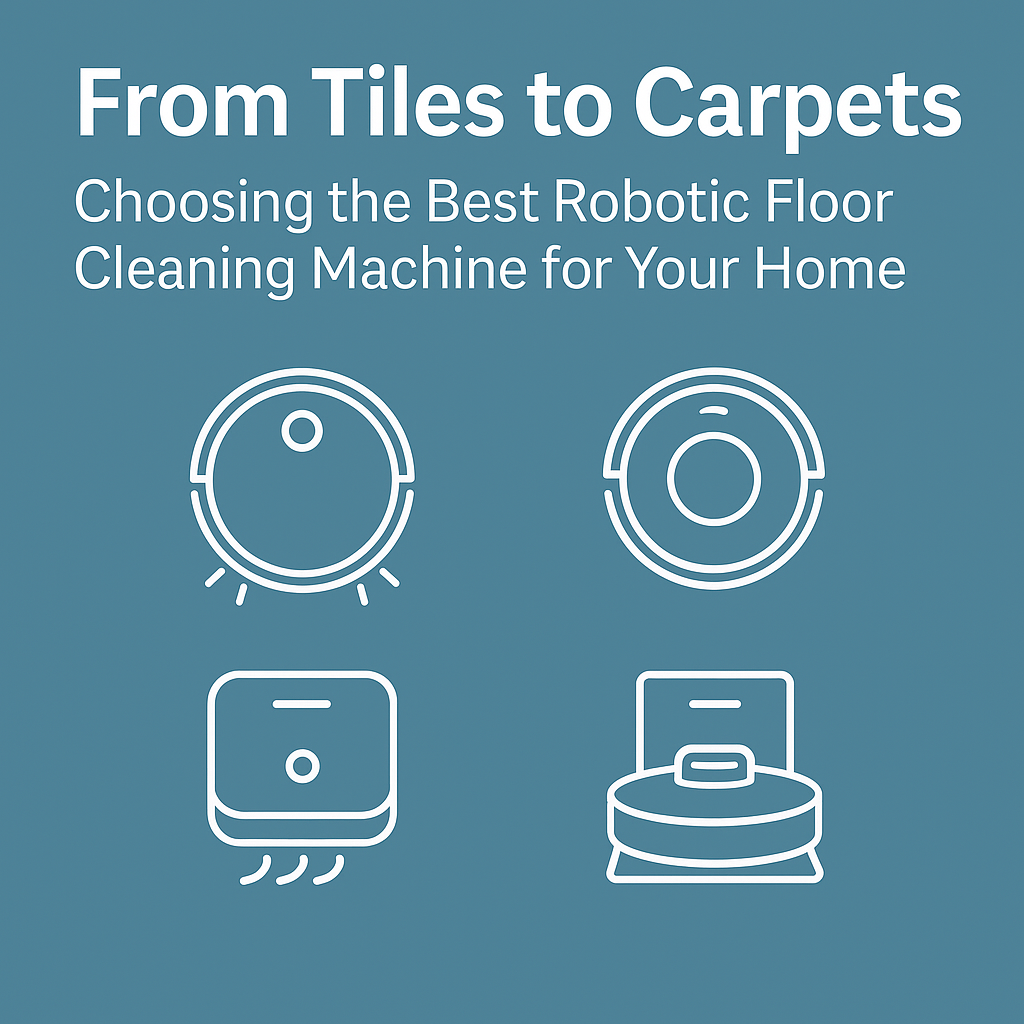 "Featured image showing different types of iVacuumate robotic floor cleaning machines with the blog title 'From Tiles to Carpets' on a blue background"