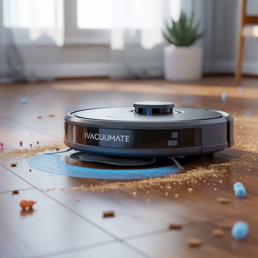 iVacuumate smart robotic vacuum cleaner cleaning crumbs on a wooden floor