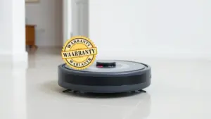 Robotic vacuum cleaner with warranty badge for smart home cleaning