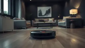 Robotic vacuum cleaner performing smart cleaning on a wooden floor in a modern Indian living room