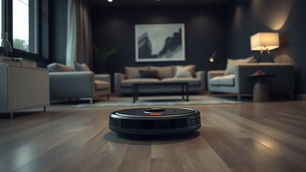 Robotic vacuum cleaner performing smart cleaning on a wooden floor in a modern Indian living room