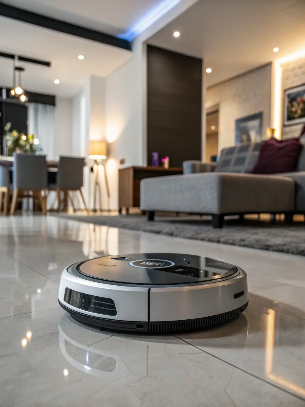A high-angle, close-up shot of an iVacuumate robotic vacuum cleaner seamlessly transitioning from hardwood floor to a plush area rug, showcasing its versatile cleaning capabilities.